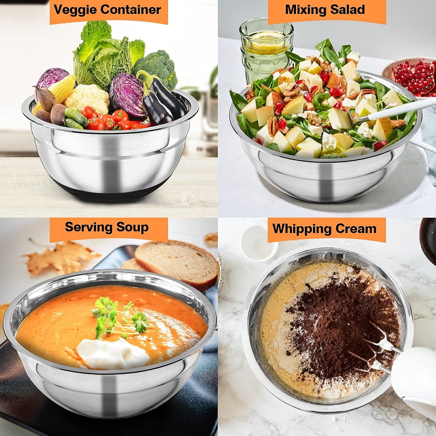 Stainless Steel Mixing Bowls with Lids (Set of 3), Non-Slip Silicone Bottom Size 5, 2.5, 2QT, Kitchen Nesting Bowl for Mixing, Baking, Serving, Stackable & Space Saving -Black
