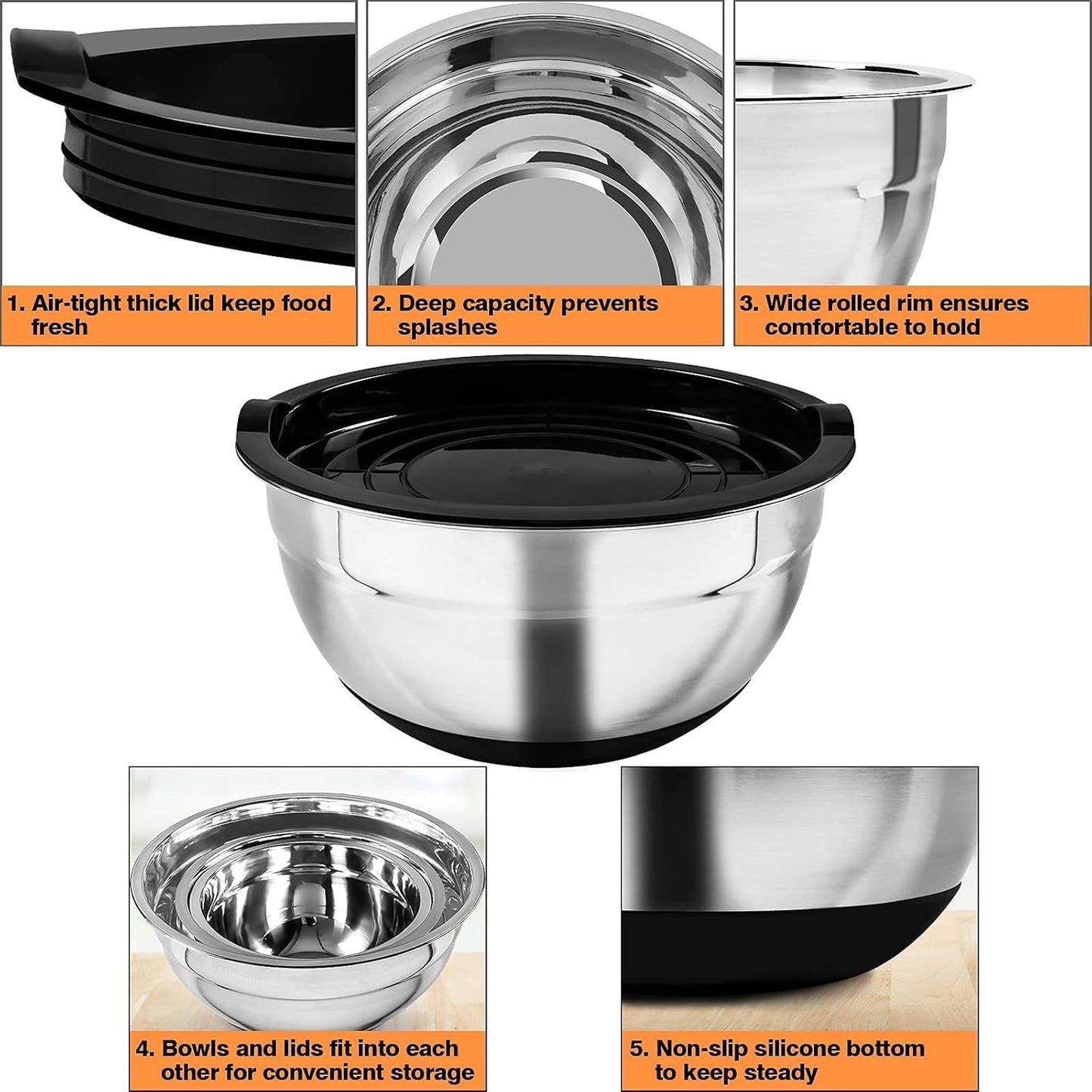 Stainless Steel Mixing Bowls with Lids (Set of 3), Non-Slip Silicone Bottom Size 5, 2.5, 2QT, Kitchen Nesting Bowl for Mixing, Baking, Serving, Stackable & Space Saving -Black