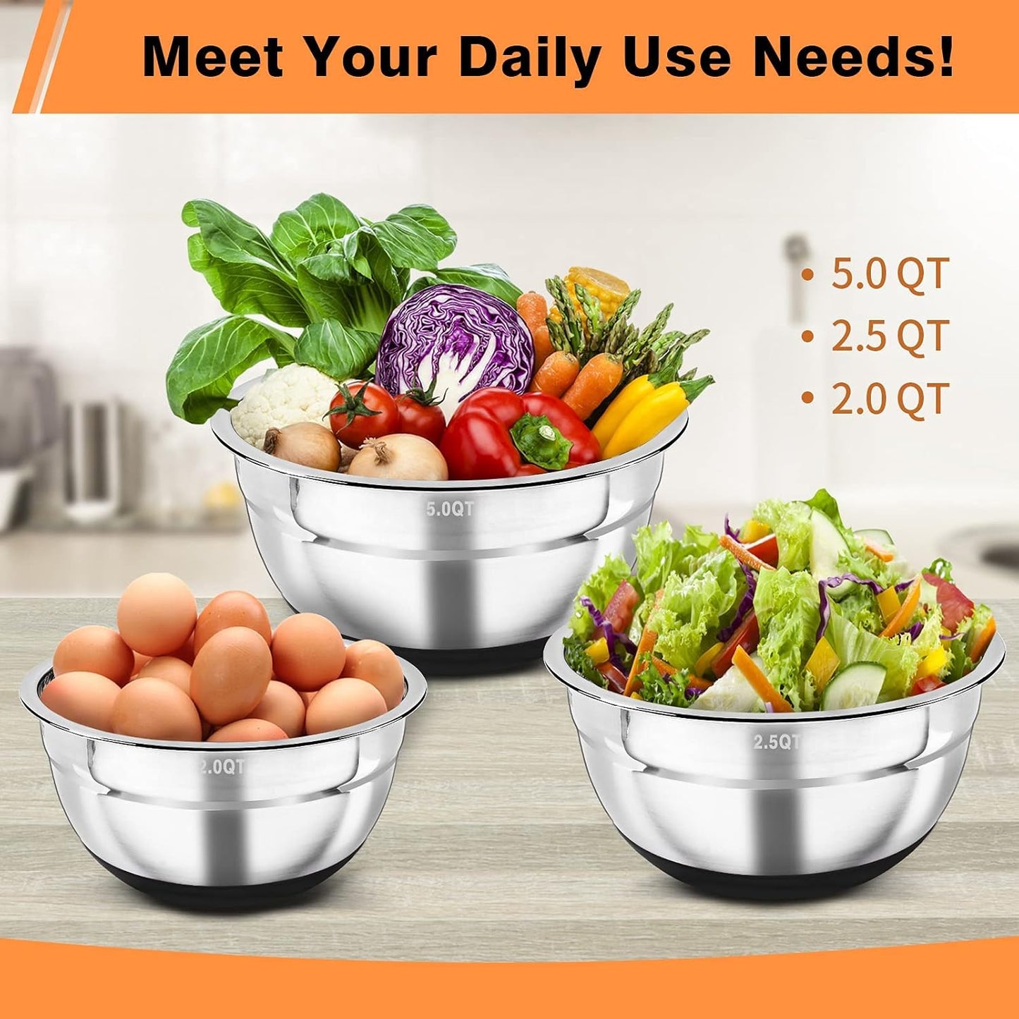 Stainless Steel Mixing Bowls with Lids (Set of 3), Non-Slip Silicone Bottom Size 5, 2.5, 2QT, Kitchen Nesting Bowl for Mixing, Baking, Serving, Stackable & Space Saving -Black
