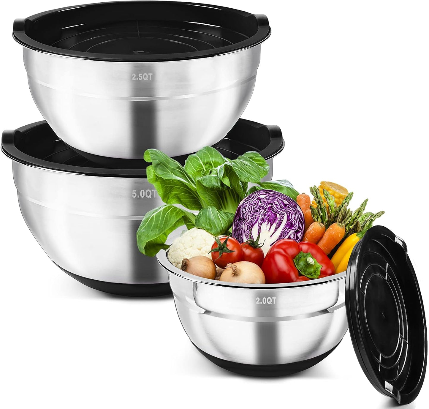 Stainless Steel Mixing Bowls with Lids (Set of 3), Non-Slip Silicone Bottom Size 5, 2.5, 2QT, Kitchen Nesting Bowl for Mixing, Baking, Serving, Stackable & Space Saving -Black