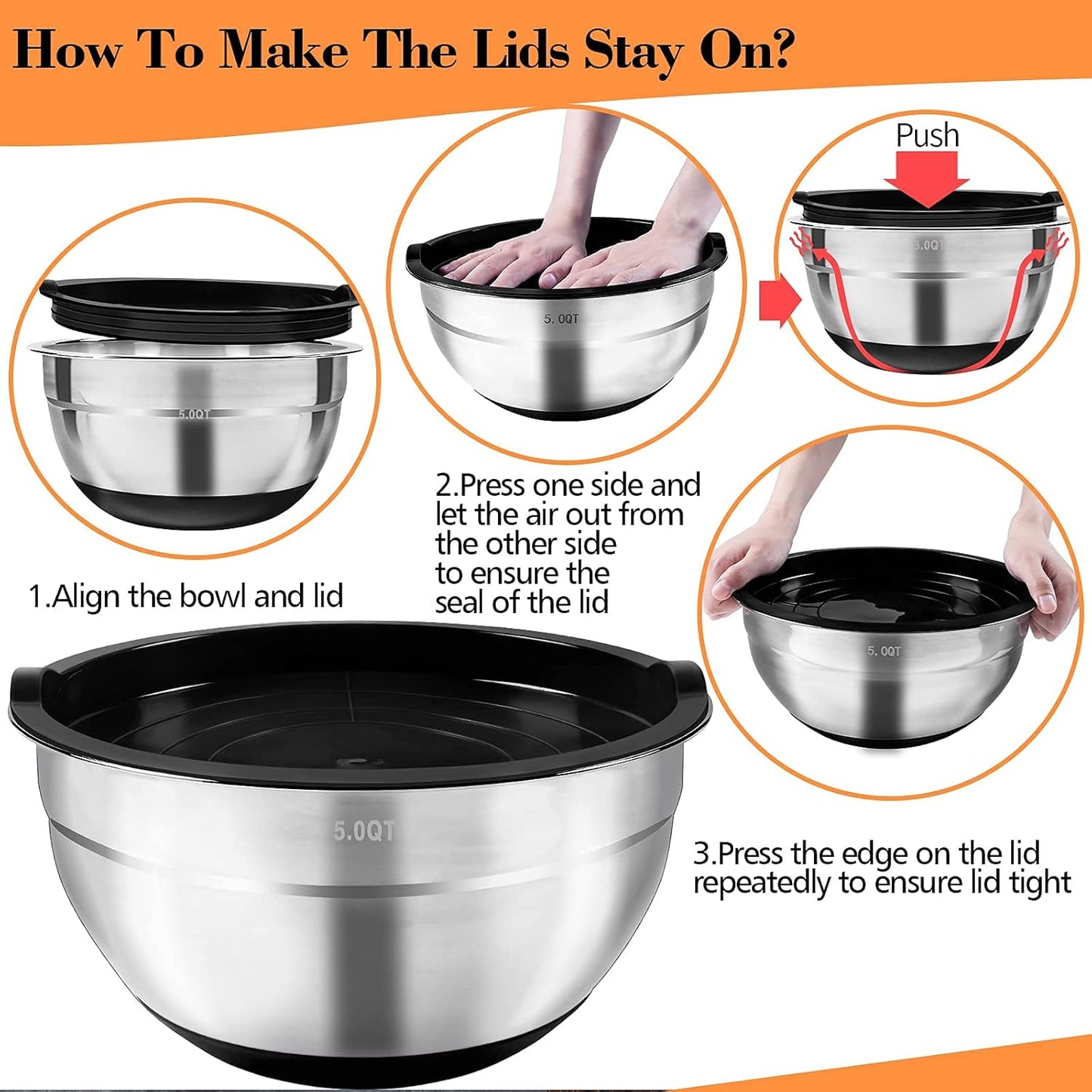 Stainless Steel Mixing Bowls with Lids (Set of 3), Non-Slip Silicone Bottom Size 5, 2.5, 2QT, Kitchen Nesting Bowl for Mixing, Baking, Serving, Stackable & Space Saving -Black