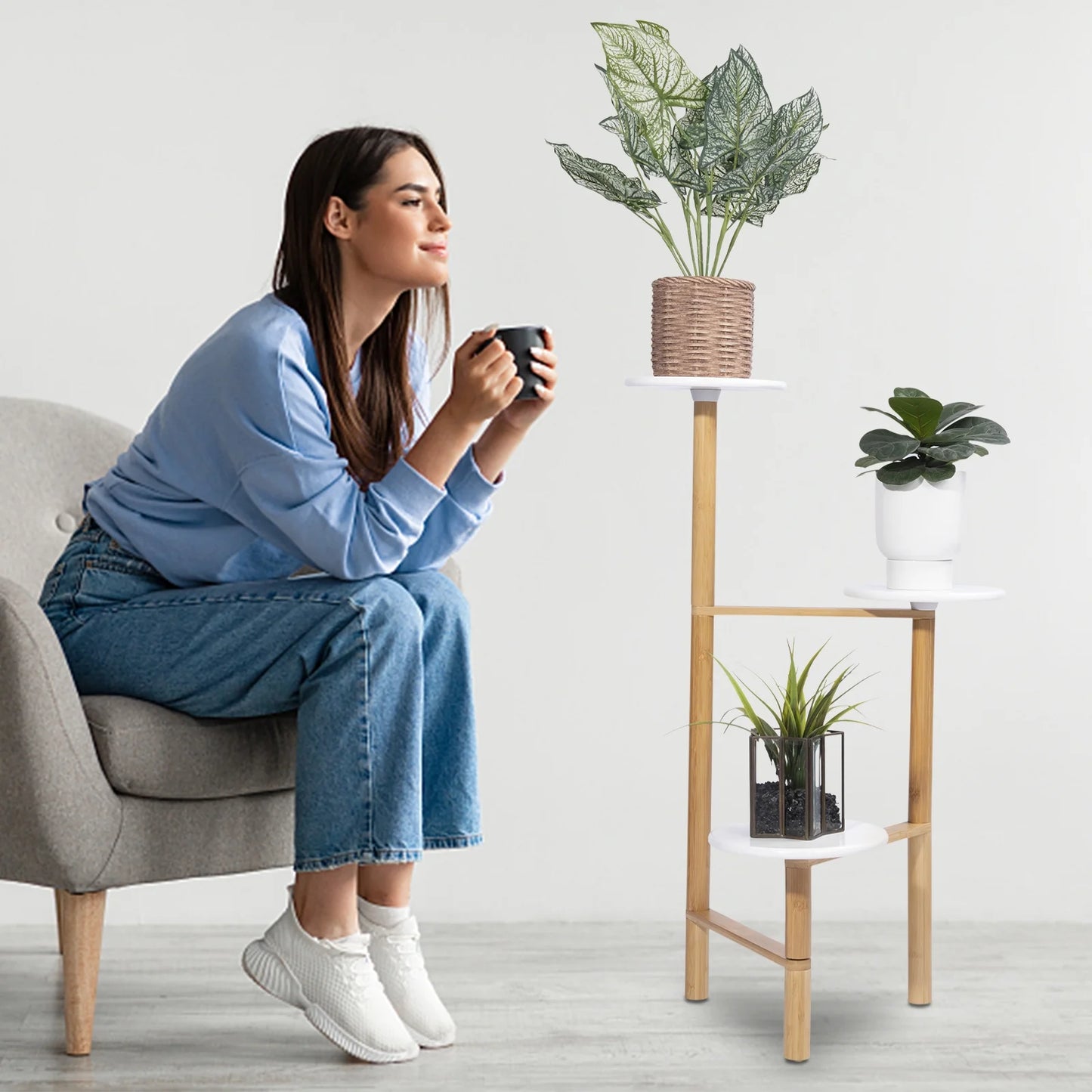 3 Tiers Bamboo Plant Stand Indoor Corner Garden Shelf Flower Stands for Living Room Balcony and Garden Decor